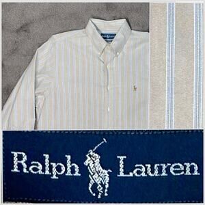 Ralph Lauren Large Classic Fit Oxford Cloth Shirt Tan Baby Blue & White Stripes
